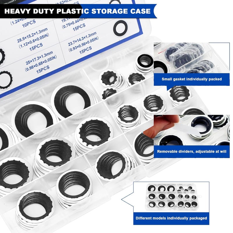 Daptemn 85PCS A/C Compressor Seal Washers Kit, 6 Sizes Air Conditioning Compressor Port Gasket Repairs Universal Automotive Self-Centered Bonded Sealing Washers (ID: 8mm-17.5mm) (Black) - Image 4